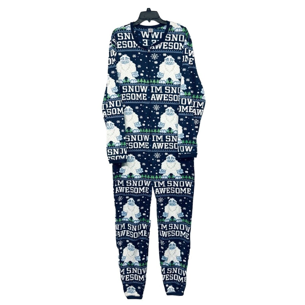 Dec 25th Abominable Snowman Blue Christmas One Piece Pajama Suit Adult Size L